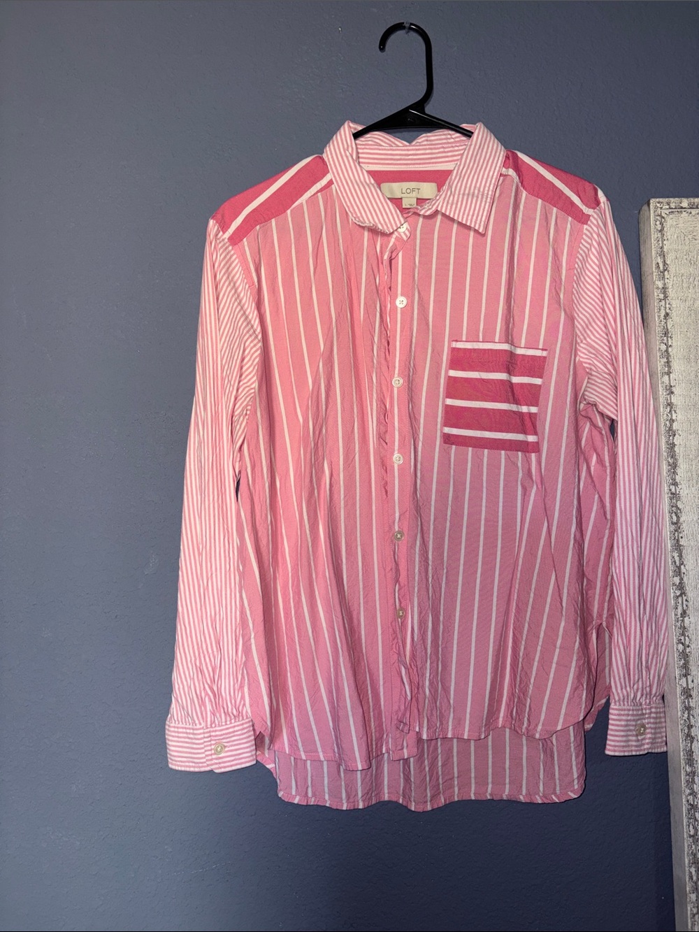 LOFT Pink & White Striped Long-Sleeve Button Down